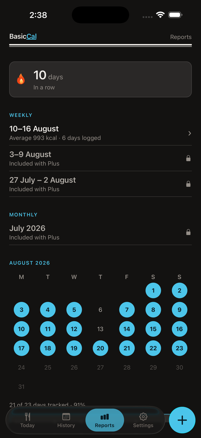 BasicCal streak calendar showing tracked days