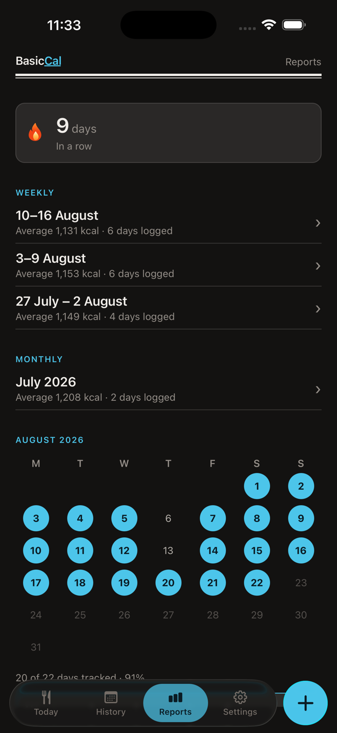 BasicCal streak calendar showing tracked days