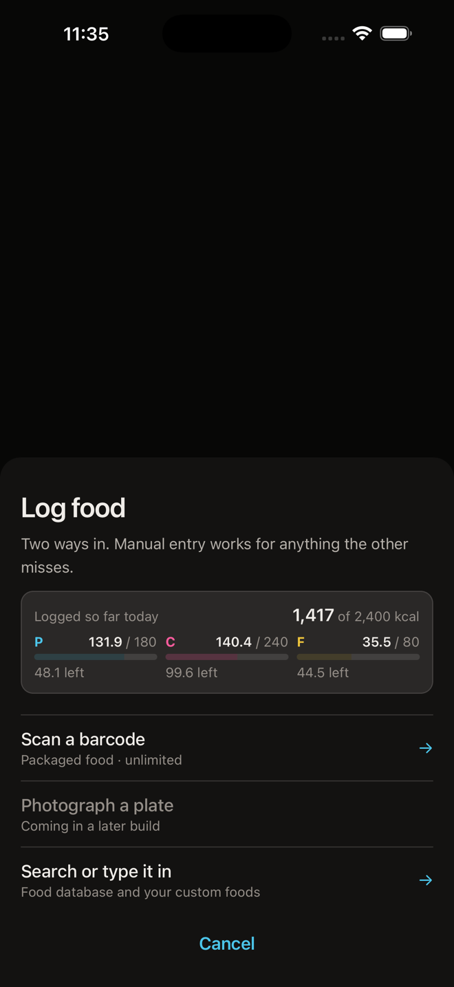 BasicCal log food screen showing barcode scan and manual entry options