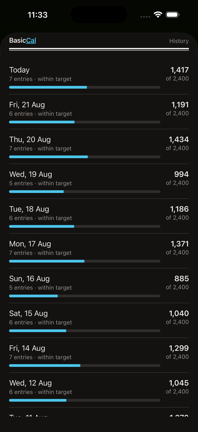BasicCal History screen showing past entries